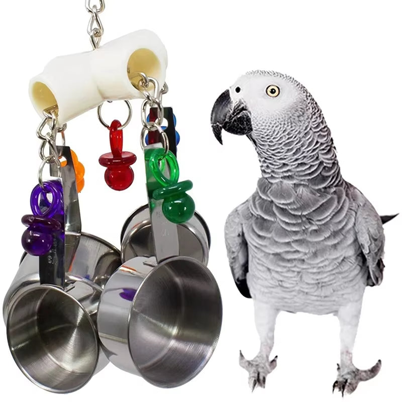 Parrot Chew Toy – 4 Stainless Steel Pots & Acrylic Bird Toy