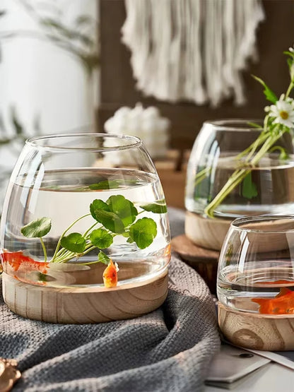 Creative Circular Glass Fish Tank with Wooden Bucket Base