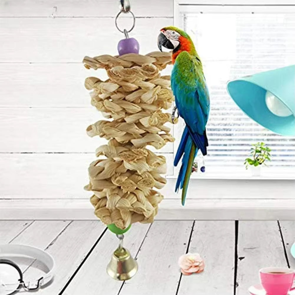 Natural Wood Parrot Chew Toy with Bell – Bird Cage Toy