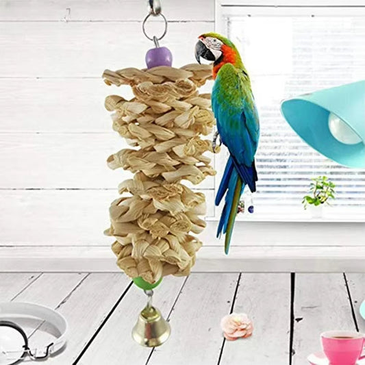 Natural Wood Parrot Chew Toy with Bell – Bird Cage Toy