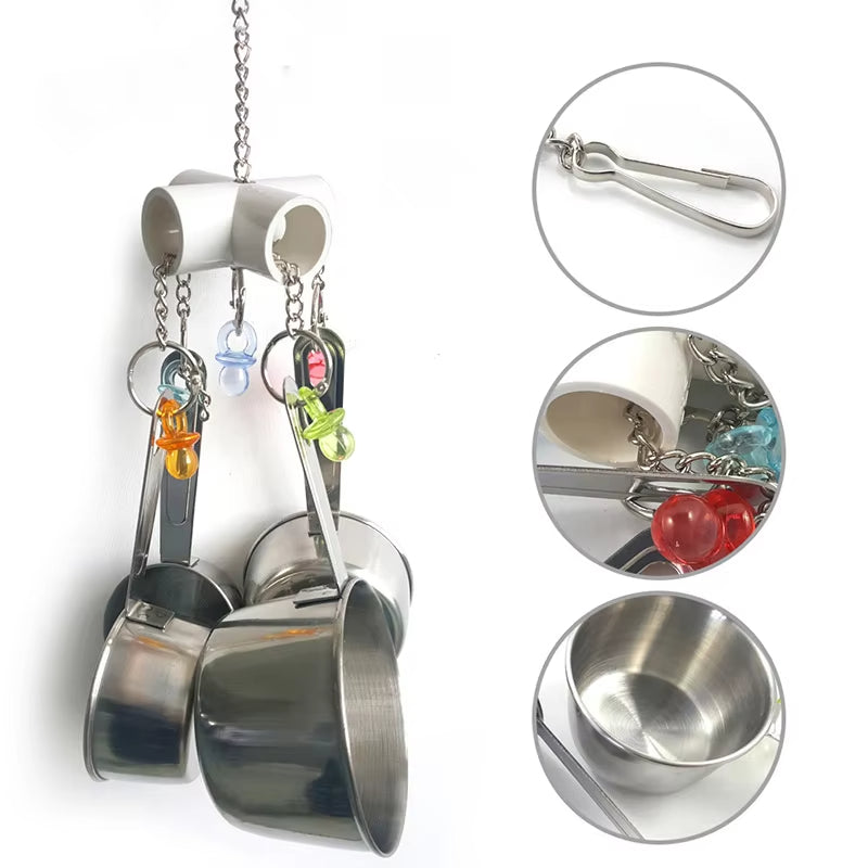 Parrot Chew Toy – 4 Stainless Steel Pots & Acrylic Bird Toy