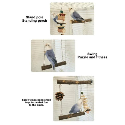 Natural Wood Bird Perch & Swing – Parrot Cage Toy