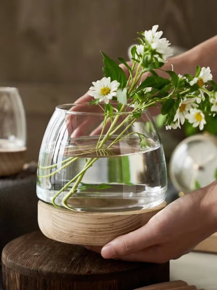 Creative Circular Glass Fish Tank with Wooden Bucket Base