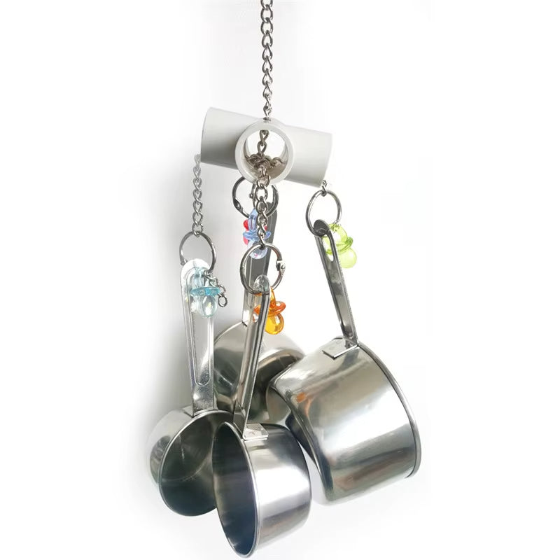 Parrot Chew Toy – 4 Stainless Steel Pots & Acrylic Bird Toy