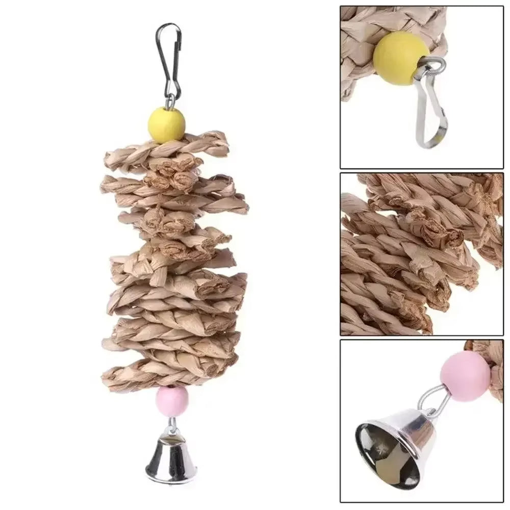 Natural Wood Parrot Chew Toy with Bell – Bird Cage Toy