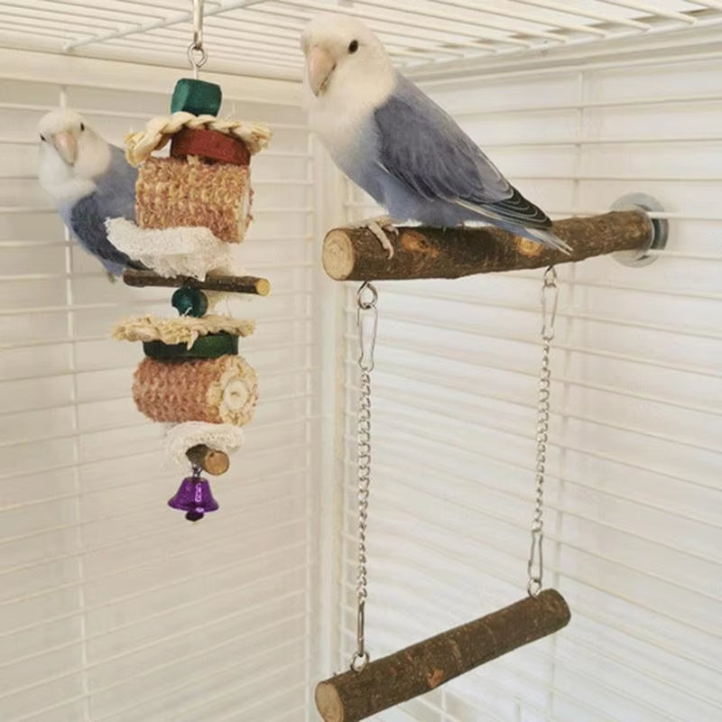 Natural Wood Bird Perch & Swing – Parrot Cage Toy