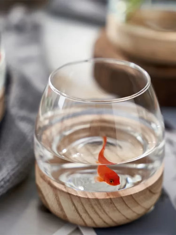 Creative Circular Glass Fish Tank with Wooden Bucket Base