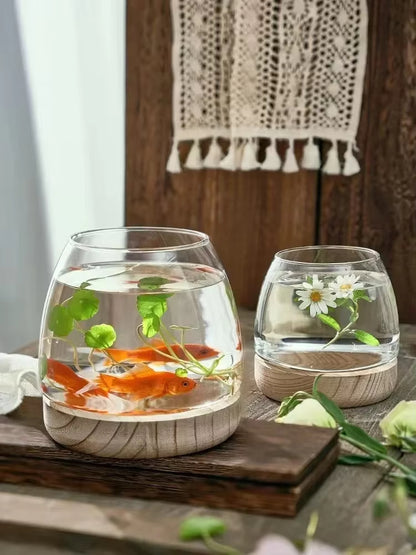 Creative Circular Glass Fish Tank with Wooden Bucket Base