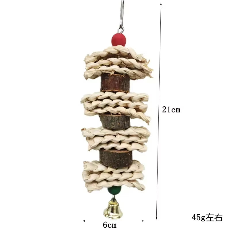 Natural Wood Parrot Chew Toy with Bell – Bird Cage Toy