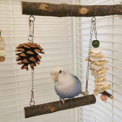 Natural Wood Bird Perch & Swing – Parrot Cage Toy