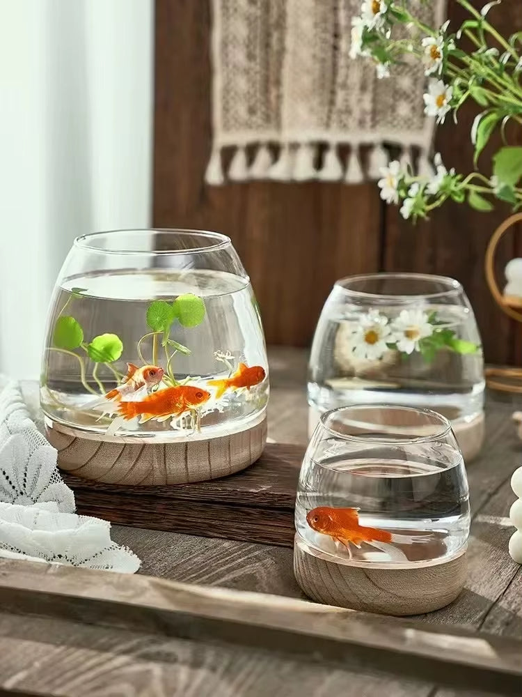 Creative Circular Glass Fish Tank with Wooden Bucket Base