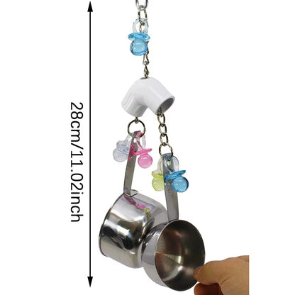 Parrot Chew Toy – 4 Stainless Steel Pots & Acrylic Bird Toy