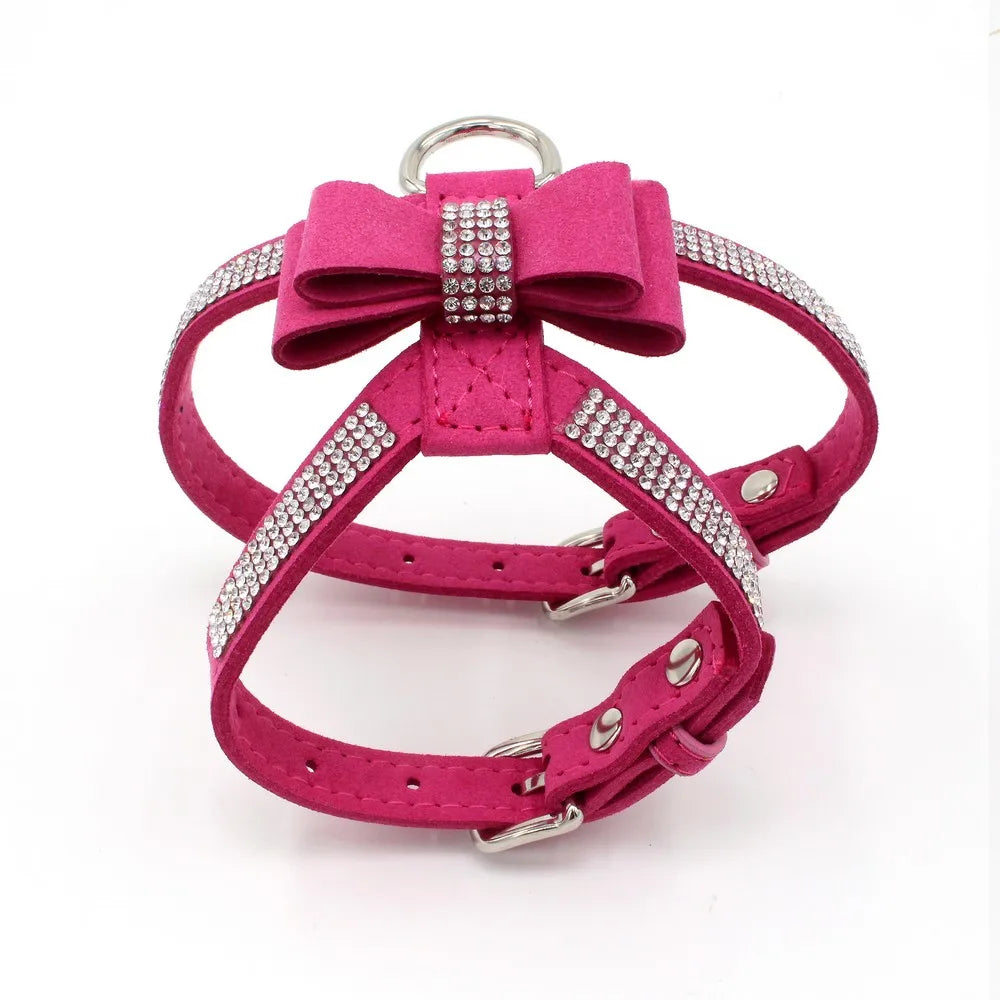 Velvet Leather Pet Harness with Rhinestone Bow