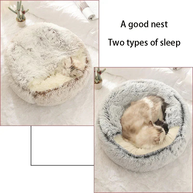 Warm Plush Cat Bed with Cover Round Sleeping Nest