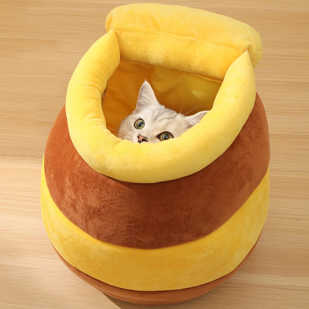 Honey Jar Cat Bed House with Removable Plush Mat