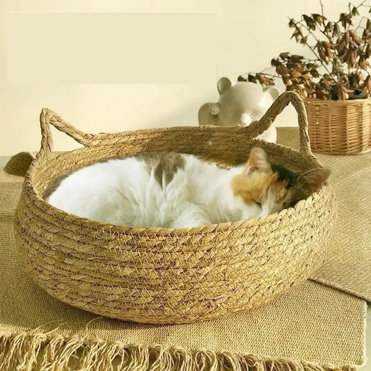 Hand-Woven Rattan Cat Nest with Removable Warm Pad