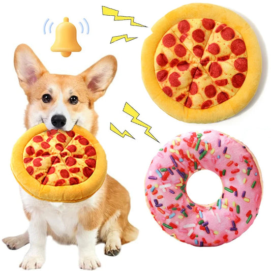 Plush Dog Toy Pizza Doughnut Shape Squeaky Chew Toy