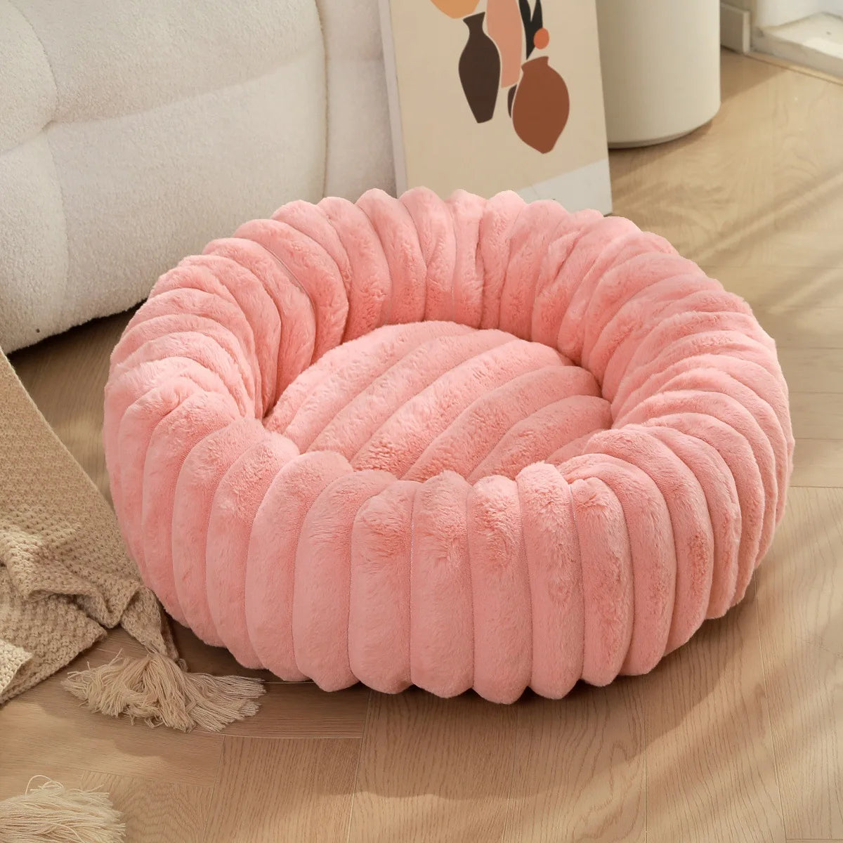 Round Pet Bed - Soft Plush Dog & Cat Bed for Winter