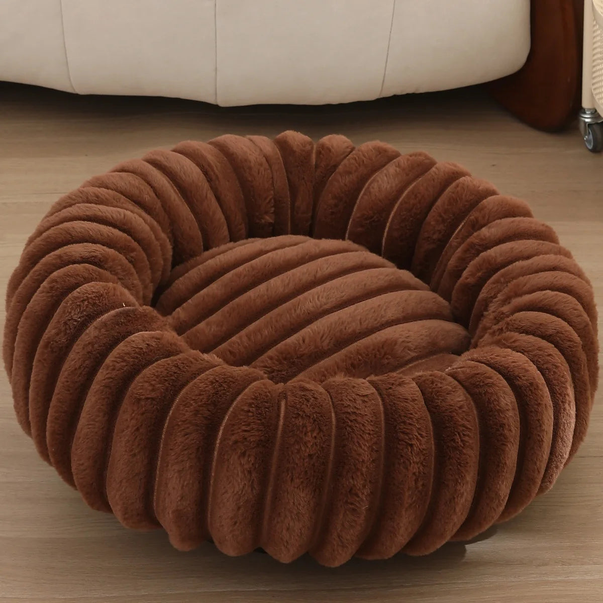 Round Pet Bed - Soft Plush Dog & Cat Bed for Winter