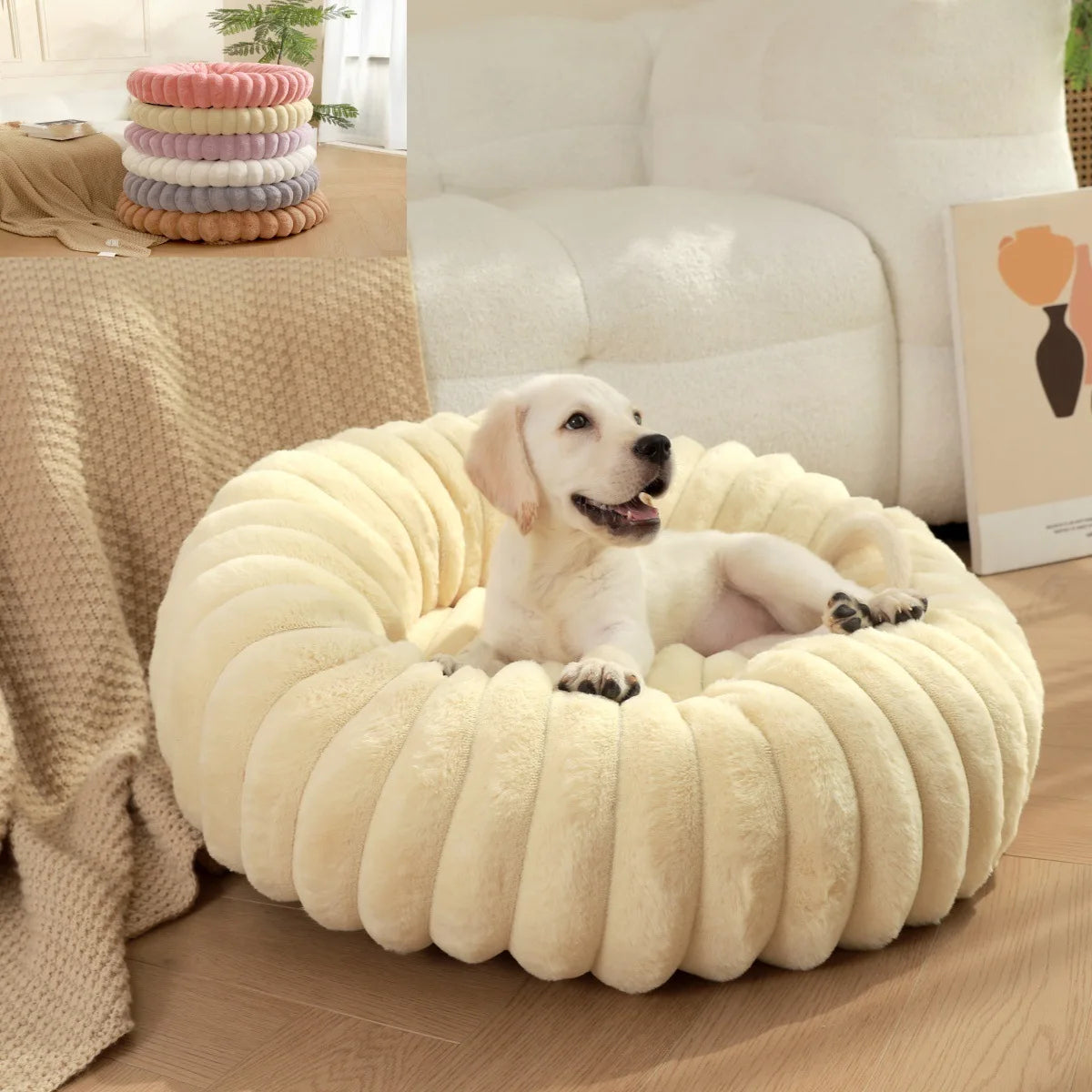 Round Pet Bed - Soft Plush Dog & Cat Bed for Winter