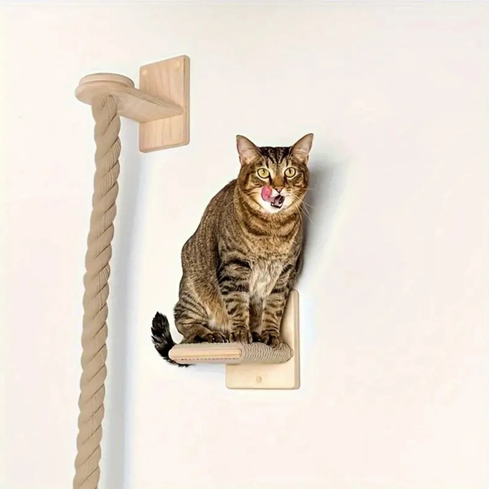 Wall-Mounted Cat Climbing Rope with Wooden Pedals & Sisal