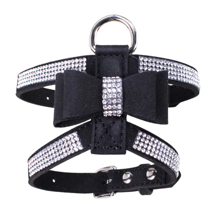 Velvet Leather Pet Harness with Rhinestone Bow