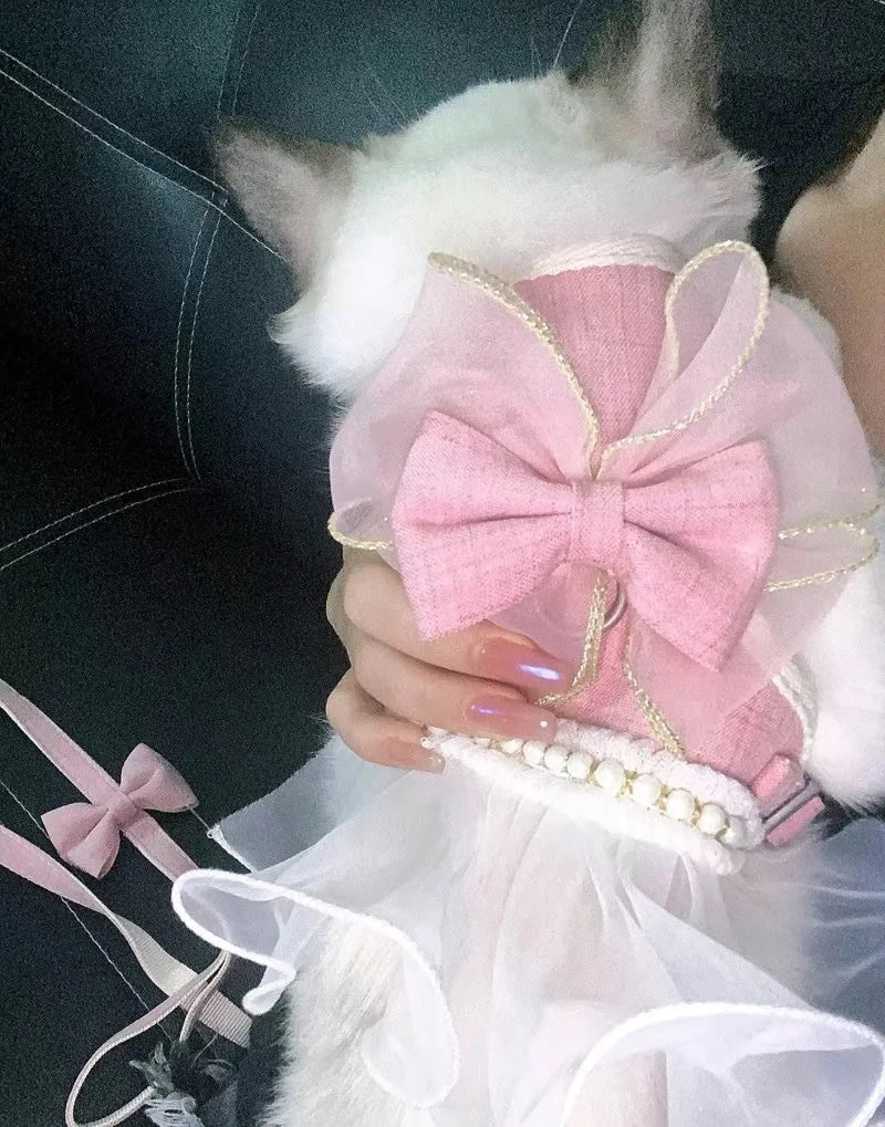 Cute Bowknot Cat Harness Leash Dress Costume for Kittens & Small Dogs