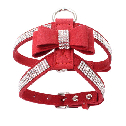 Velvet Leather Pet Harness with Rhinestone Bow