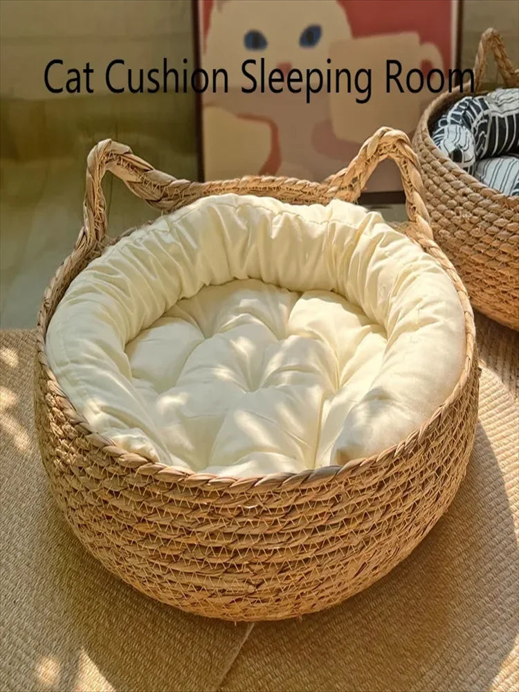 Hand-Woven Rattan Cat Nest with Removable Warm Pad