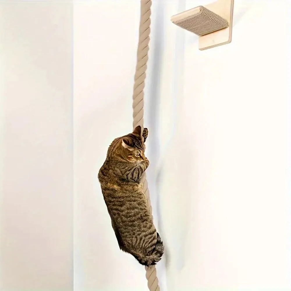 Wall-Mounted Cat Climbing Rope with Wooden Pedals & Sisal