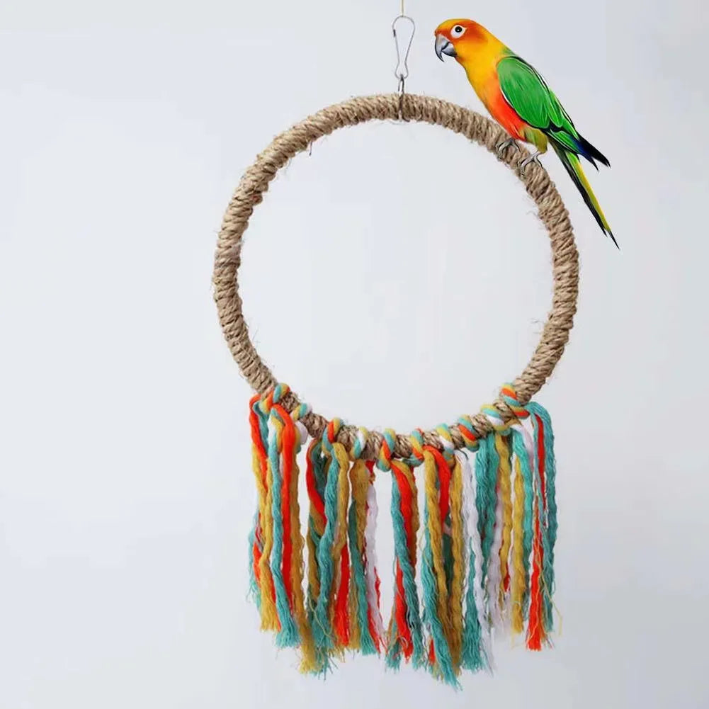 Pet Bird Parrot Cotton Rope Circle Toy with Hanging Perch