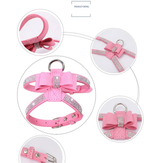 Velvet Leather Pet Harness with Rhinestone Bow