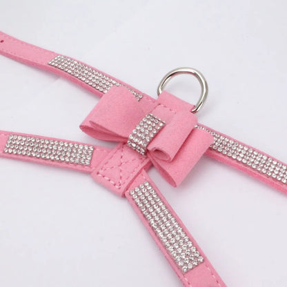 Velvet Leather Pet Harness with Rhinestone Bow