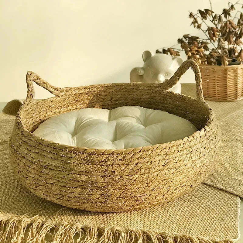 Hand-Woven Rattan Cat Nest with Removable Warm Pad