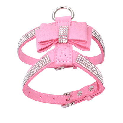 Velvet Leather Pet Harness with Rhinestone Bow