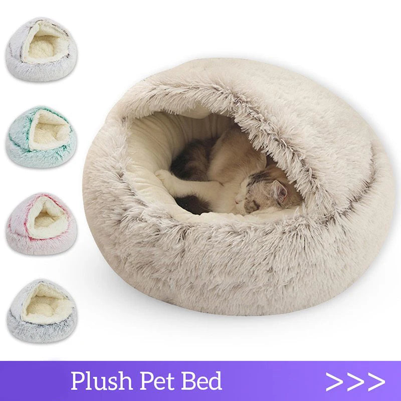 Warm Soft Plush Cat Bed with Cover Round Sleeping Nest