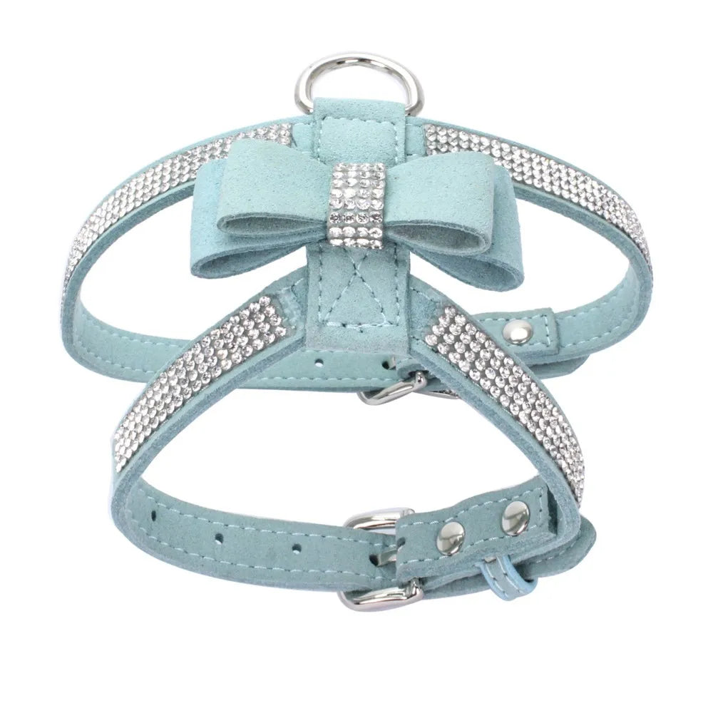 Velvet Leather Pet Harness with Rhinestone Bow